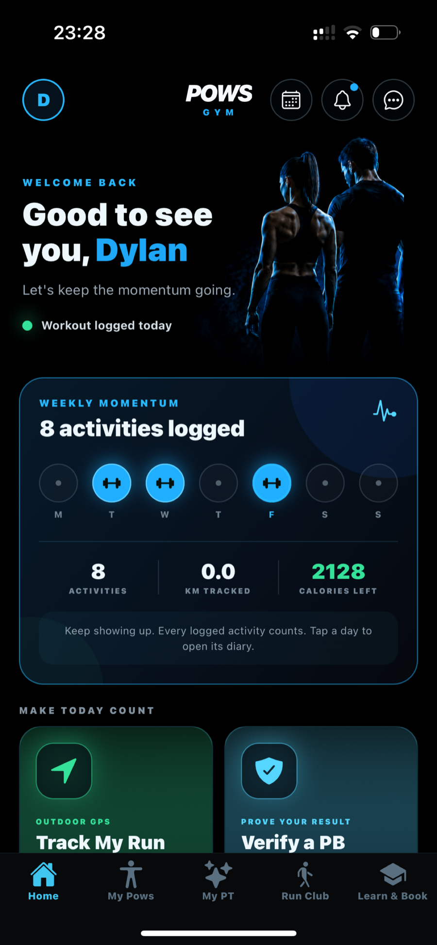 POWS Performance home screen with weekly momentum and member tools