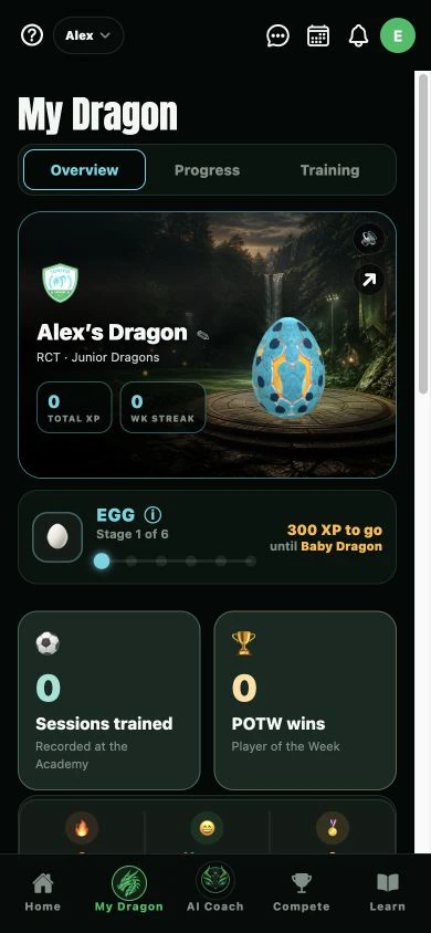 Dragon Players, a new member's first screen: Alex's Dragon, RCT, Junior Dragons, an egg at stage 1 of 6.