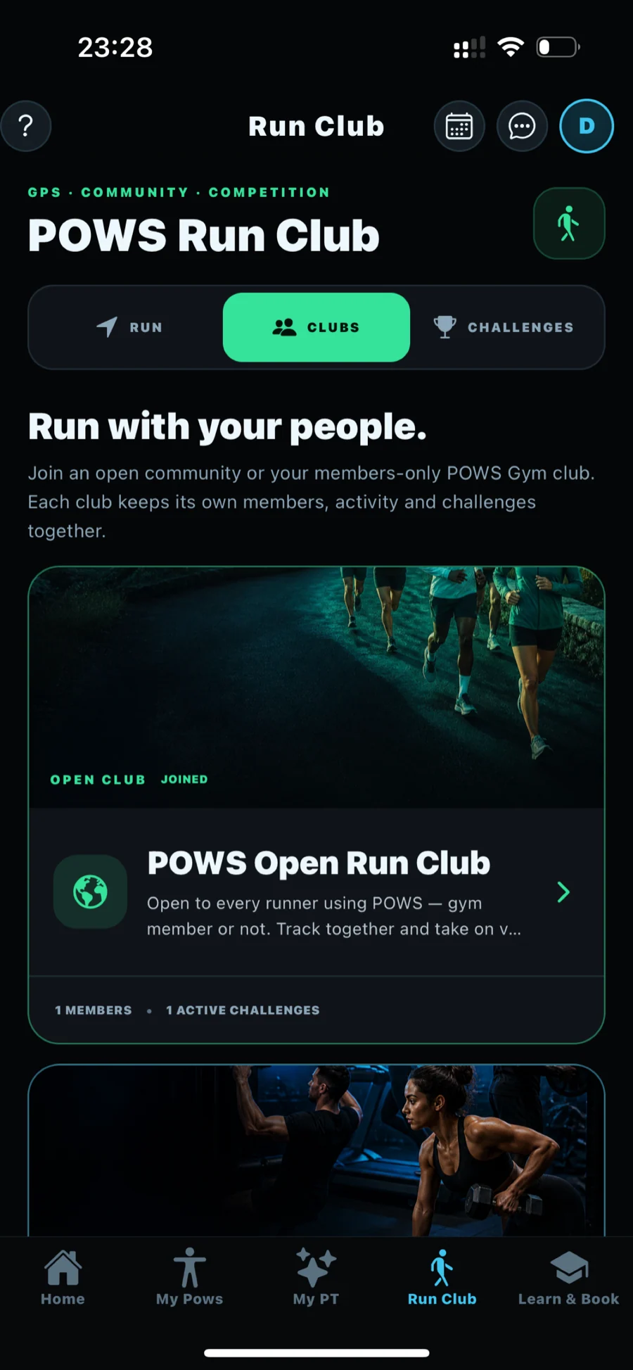 POWS Performance, the member app, on its Run Club screen.