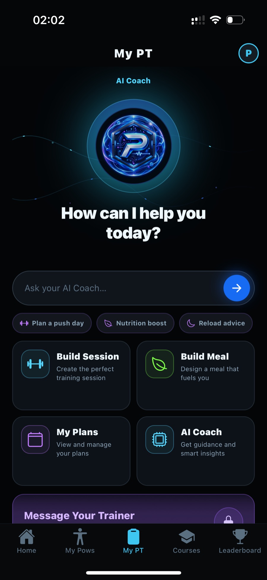 POWS Gym My PT screen with AI Coach, training session and meal planning tools