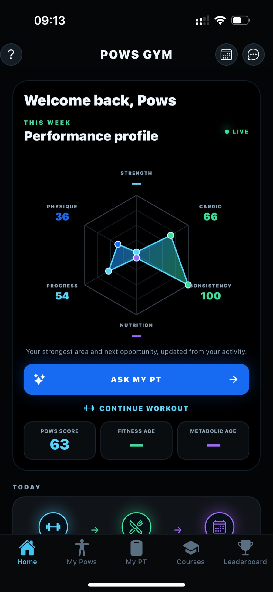 POWS Gym personalised home screen with live performance profile and POWS Score